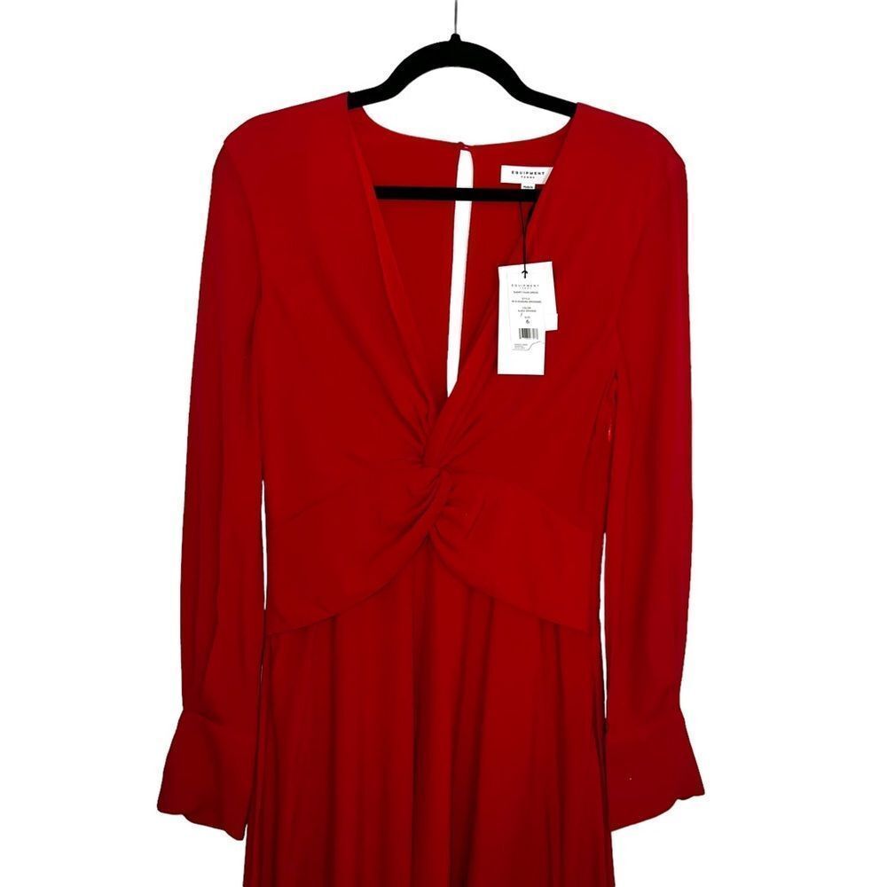 Equipment Femme Short Faun Red Twist Knot V Neck Midi Dress NWT Size 6 - Picture 5 of 15